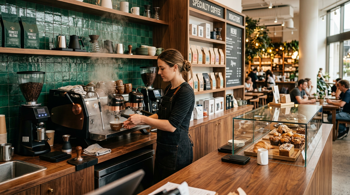 Barista připravuje kávu za pultem kavárny Starbucks